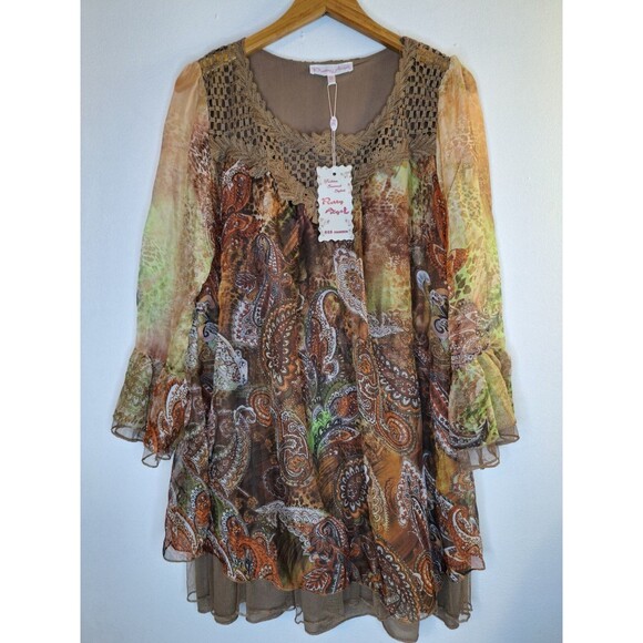 PRETTY ANGEL Silk Blend Paisley Boho Chic Tunic Top Women's Sz M Western Cowgirl - Picture 1 of 9
